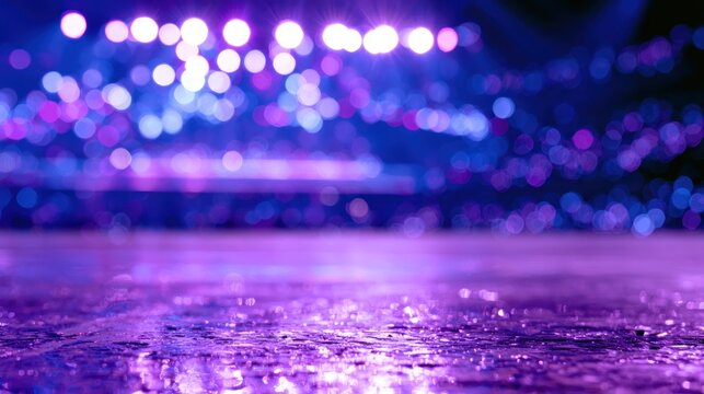 Abstract bokeh lights in purple and blue with wet surface