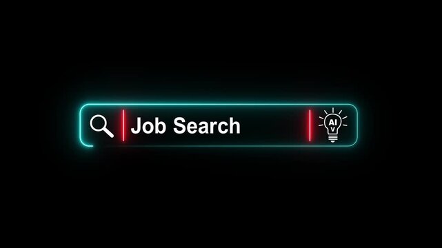AI Job Search Neon Search Bar glowing neon Animation with Smart Assistant Icon, Online Career Finder, Recruitment Technology, Employment Search, 4K Loop