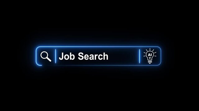 AI Job Search Neon Search Bar glowing neon Animation with Smart Assistant Icon, Online Career Finder, Recruitment Technology, Employment Search, 4K Loop
