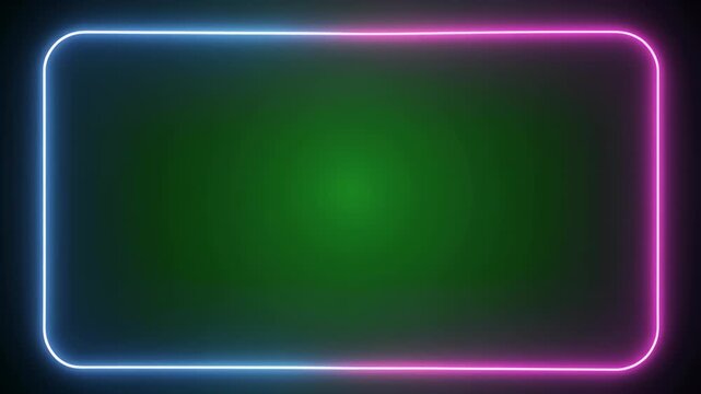 A glowing neon rectangle with blue and pink lights on a dark green background.