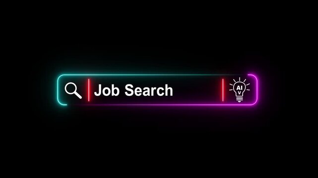AI Job Search Neon Search Bar glowing neon Animation with Smart Assistant Icon, Online Career Finder, Recruitment Technology, Employment Search, 4K Loop