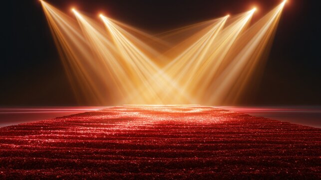 Red carpet and stage spotlights in dramatic lighting