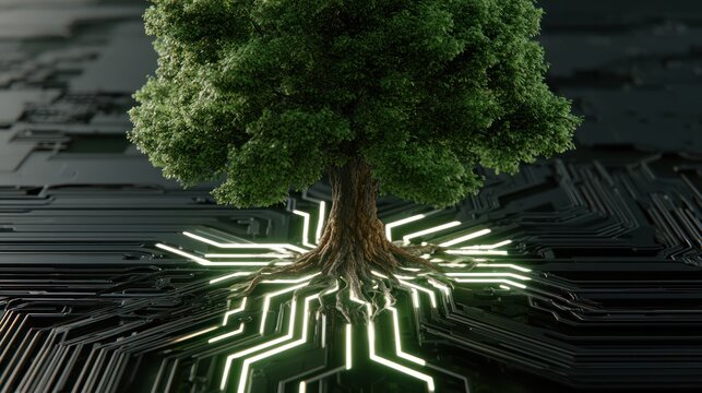 Tree roots growing through futuristic circuit board with glowing lines