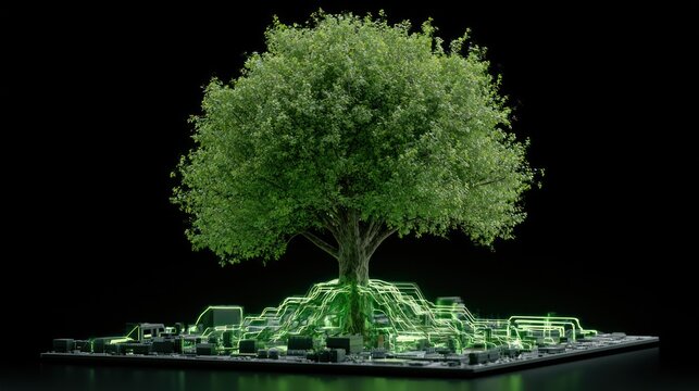 Tree with luminous green circuits as roots on a circuit board