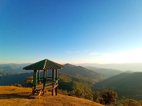 Beautiful landscape of resting pavilion along the path up the mountain in Thailand. Valley hill of Doi Puico moutain view point at Mea Hong Son province of Thailand
