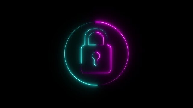 Neon Padlock Security Icon Animation with Circular Progress Ring, Cyber Protection, Data Privacy, Digital Access Control, Secure Lock 4K Loop