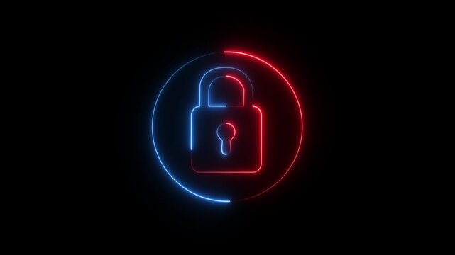 Neon Padlock Security Icon Animation with Circular Progress Ring, Cyber Protection, Data Privacy, Digital Access Control, Secure Lock 4K Loop