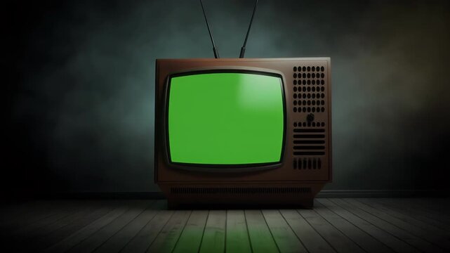 A vintage television set displays static on its screen in a dimly lit room.