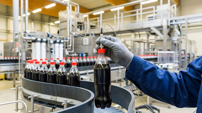 Worker Testing Soft Drink Bottle with Sensor Probe on Production Line