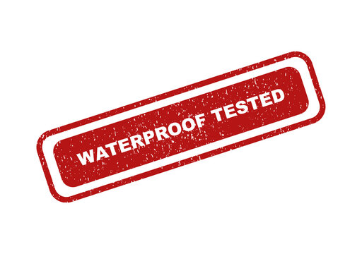 Red waterproof tested rubber stamp seal with a grunge texture effect