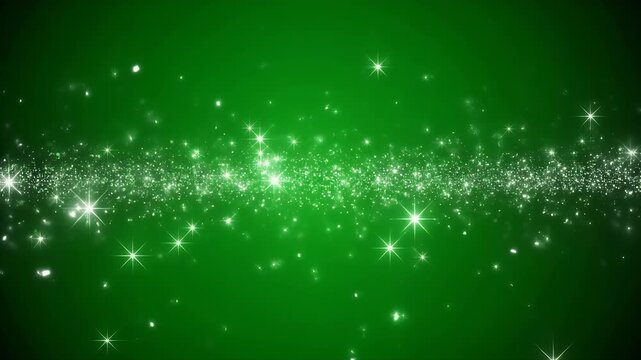 A vibrant green background with a stream of sparkling white light particles and starbursts.