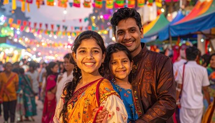 Naklejka premium Happy Indian Family Celebrating Festival Outdoors.