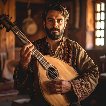 Musician playing a traditional lute instrument in a workshop.