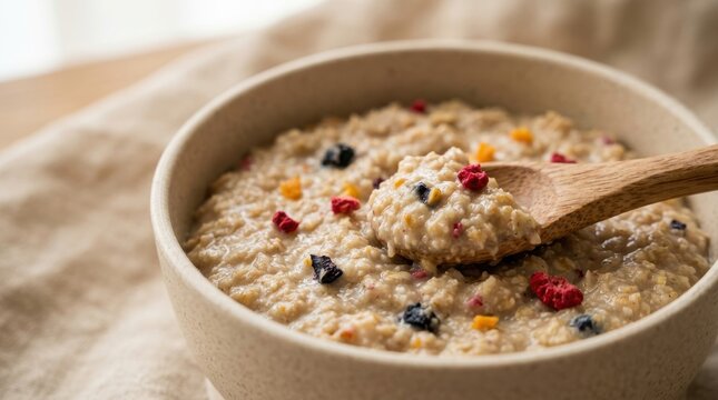 Healthy oatmeal bowl with fresh berries and nuts in natural light photography