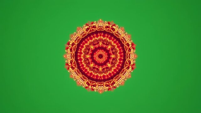 Intricate Red Mandala Pattern Rotating Against Green Background With Black Stripes Seamless Loop