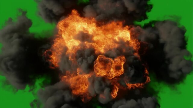 A powerful explosion erupts with vibrant orange flames and dark smoke against a green screen background.