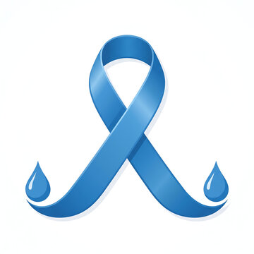 Clean modern awareness-day graphic with a central blue ribbon formed into a loop, ribbon tails extending into stylized water droplets, and bold typography on pure white background