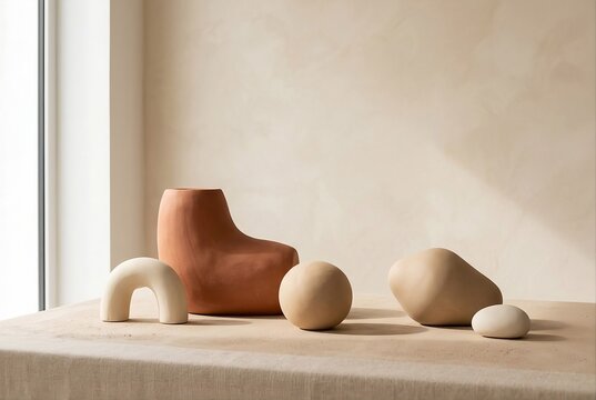 Minimalist abstract composition of smooth sculptural clay forms