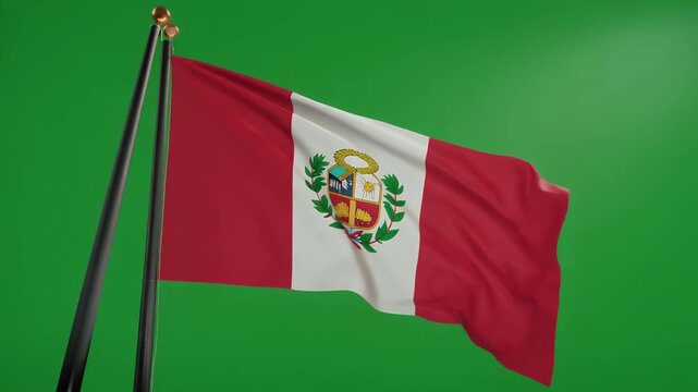 The Peruvian flag waves majestically against a vibrant green background.