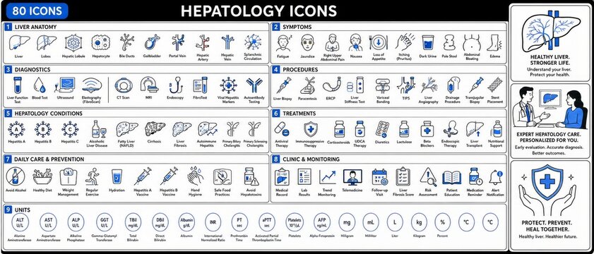 Hepatology Icon Set with Liver Anatomy, Liver Diseases, Diagnostics, Treatments and Prevention