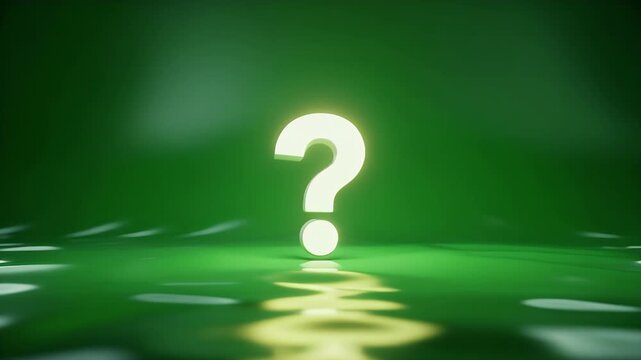A prominent white question mark glows against a green backdrop.