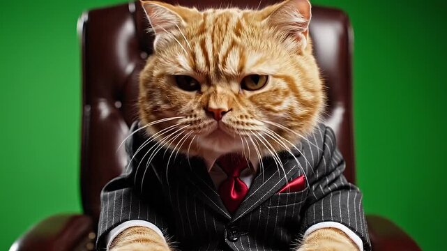 Funny serious cat dressed in a formal pinstripe business suit sitting in a leather chair at an office desk against a green background