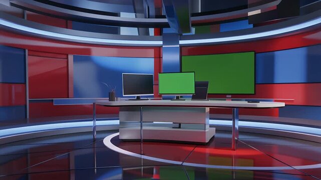 A modern news studio set with a large desk, multiple screens, and a green screen.