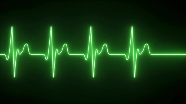 A neon green electrocardiogram line pulses against a dark background, representing a heartbeat.