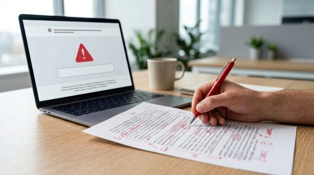 Person editing document on laptop with error warning on screen in office photography