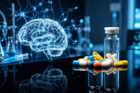 Modern medicine capsules beside a transparent laboratory vial with glass brain structures and neural connection visualization on a reflective surface. Neuroscience research concept
