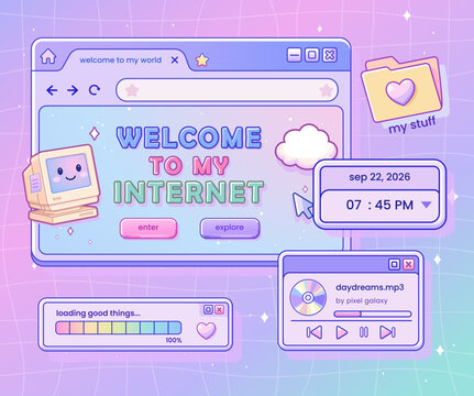 Y2K Retro Welcome to My Internet Internet Web Interface with Cute Computer, CD Player, Music Controls, Rainbow and Cherry Decorations