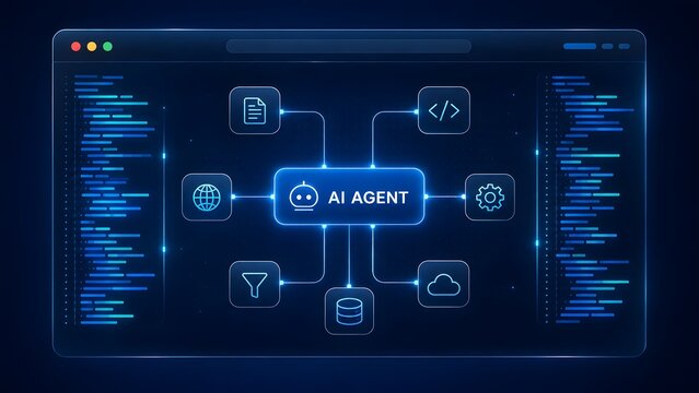 Digital dashboard showing an AI Agent connecting and processing various data sources like documents, code, web, and cloud databases.