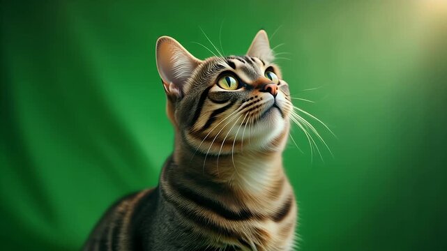 A close-up portrait of a tabby cat with bright green eyes looking upwards against a blurred green background.