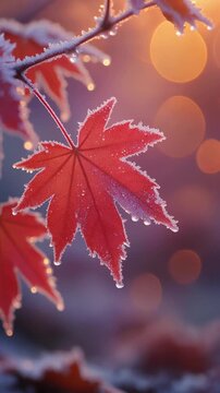Red Frosted Maple Leaf in Golden Sunlight Generative AI