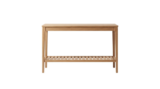 Minimalist wooden console table with slatted shelf, light oak hallway furniture, modern timber side table isolated on white background