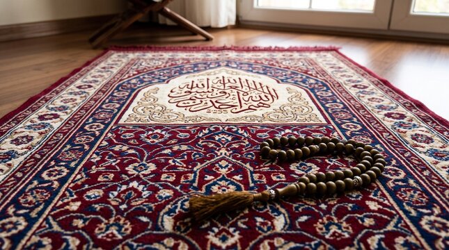 Prayer rug with intricate patterns and prayer beads on wooden floor near window