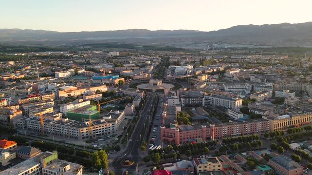 Morning Aerial View of Bagua City Streets in Tekes County, Yili, Xinjiang, China