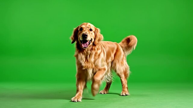 A cheerful golden retriever dog dancing with a wagging tail against a green studio backdrop for a professional portrait session