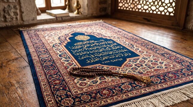 Prayer rug with intricate patterns and prayer beads on wooden floor near window
