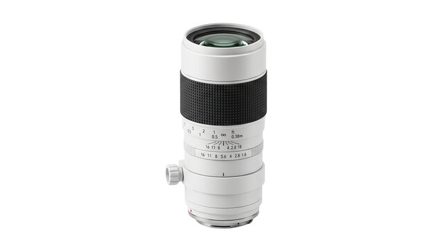 Professional telephoto camera lens, white zoom lens for sports photography, high-end optical glass equipment on white background