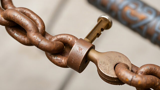 Close-up of a rusty bicycle lock chain with an inserted key.
