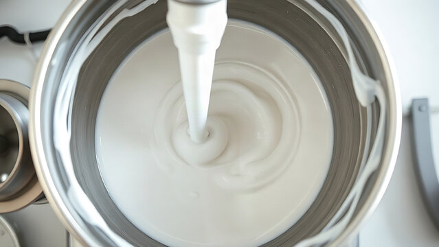 White viscous liquid swirling in an industrial mixer bowl, gradually thickening its consistency.