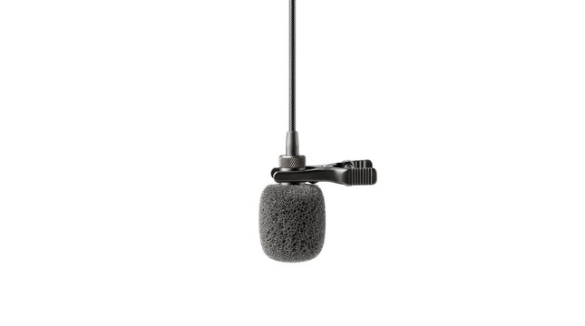 Professional lavalier microphone with foam windscreen and clip, lapel mic for broadcasting, audio recording equipment on white background