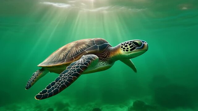A sea turtle glides through clear blue water as sunbeams pierce the surface.
