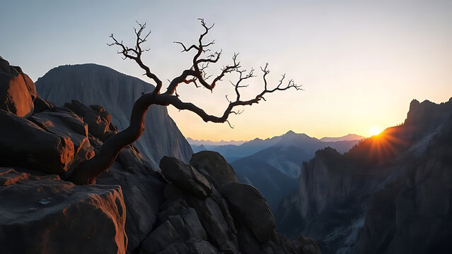 A single twisted tree growing from a steep rock crevice at sunset.