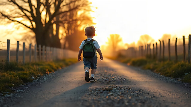 A child walking on a country road at golden hour, kicking pebbles with a backpack.