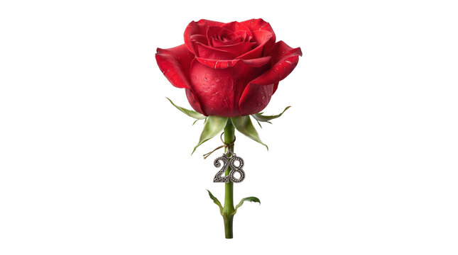 Red rose flower with silver number 28 charm, romantic 28th anniversary floral gift, elegant birthday rose on white background