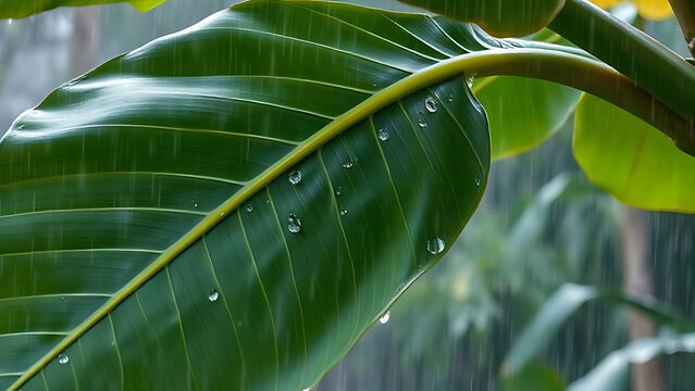 Banana leaf bending in heavy rainstorm, water droplets cascading off.
