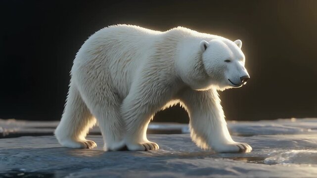 A majestic polar bear walks across a glistening ice floe.