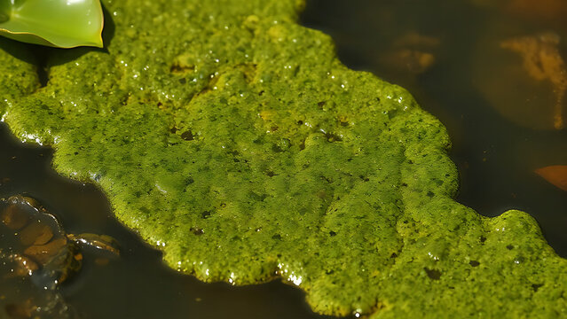Pond surface with oily green algae foam, murky water, natural daylight.